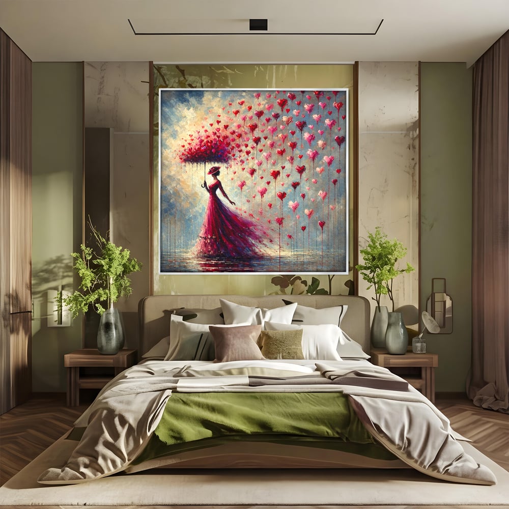 Tablou canvas cu tablou canvas cu femeie in rochie rosie, in rama de aluminiu argintiu, pe perete intr-un dormitor